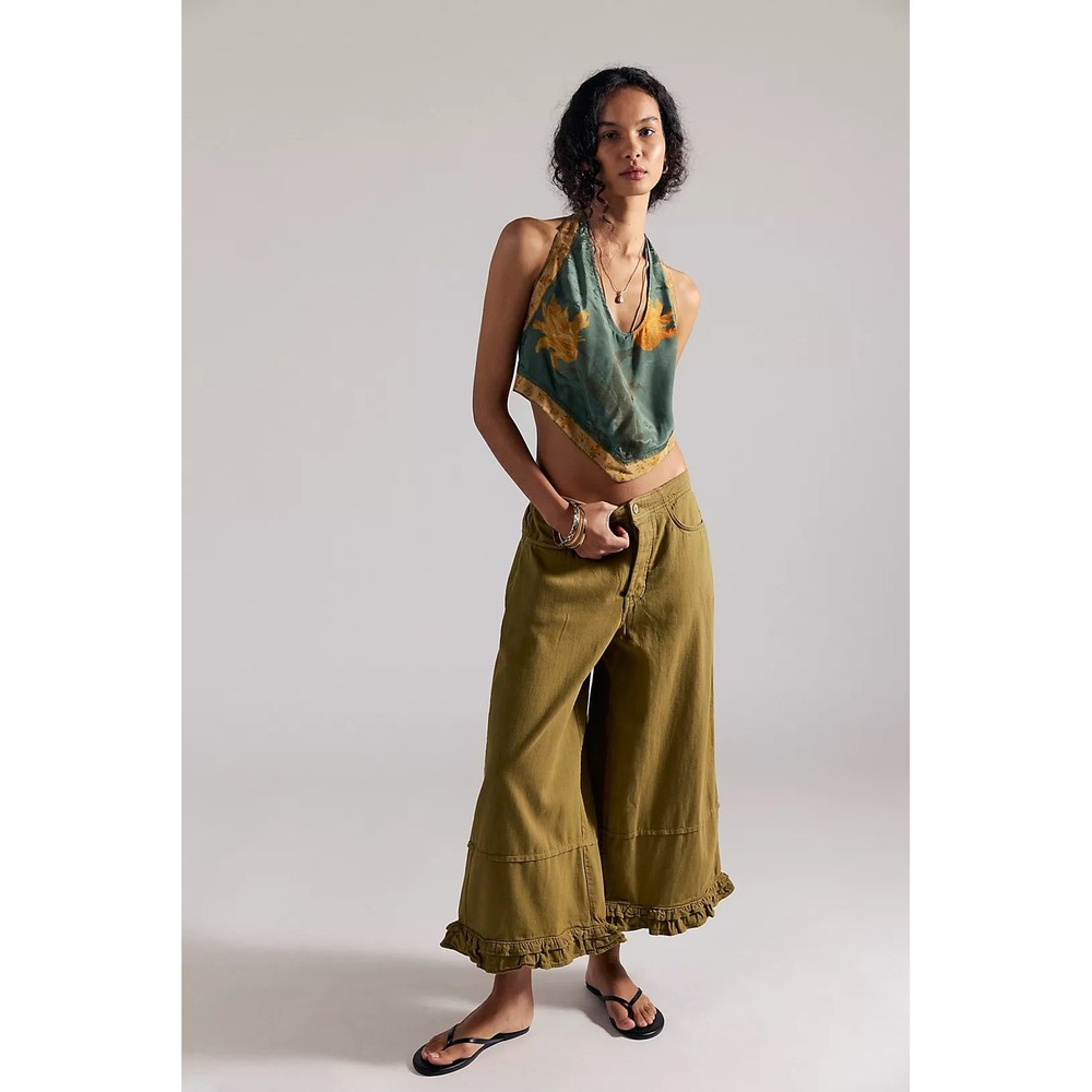 We the Free Love Me Not Bloomer Jeans Field of Daisies Green Wide Leg Cropped XS